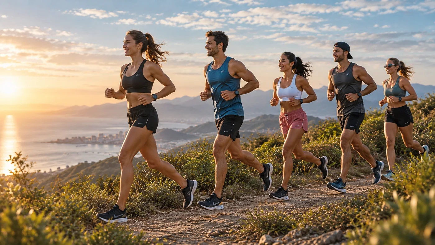 Grupo corriendo al atardecer frente a la bahía